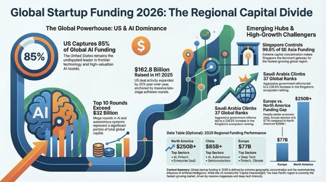 Global startups attracting investment with AI technology, venture capital funding, entrepreneurs and worldwide innovation ecosystem